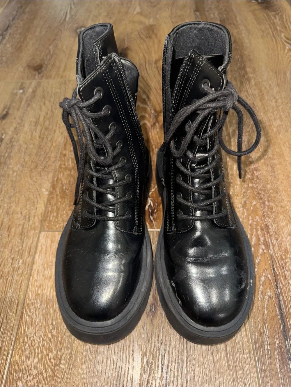 Zara Black Gloss Lace-Up Platform Moto Boots